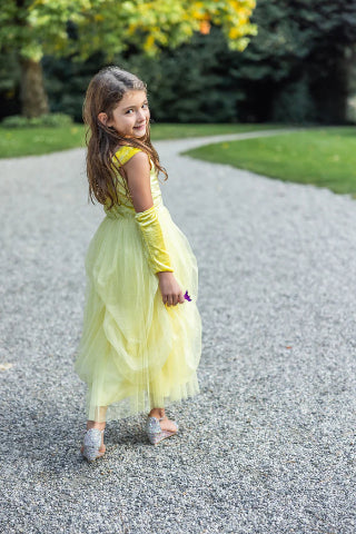 Great Pretenders Dress - Velvety Soft Yellow Princess with Arm Warmers, Size 3-4 - Treasure Island Toys