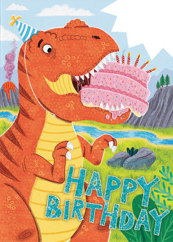 Greeting Card Birthday - Dino with Cake - Treasure Island Toys