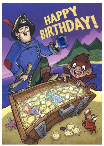 Greeting Card Birthday - Pirate with Jewel Treasure Chest - Treasure Island Toys